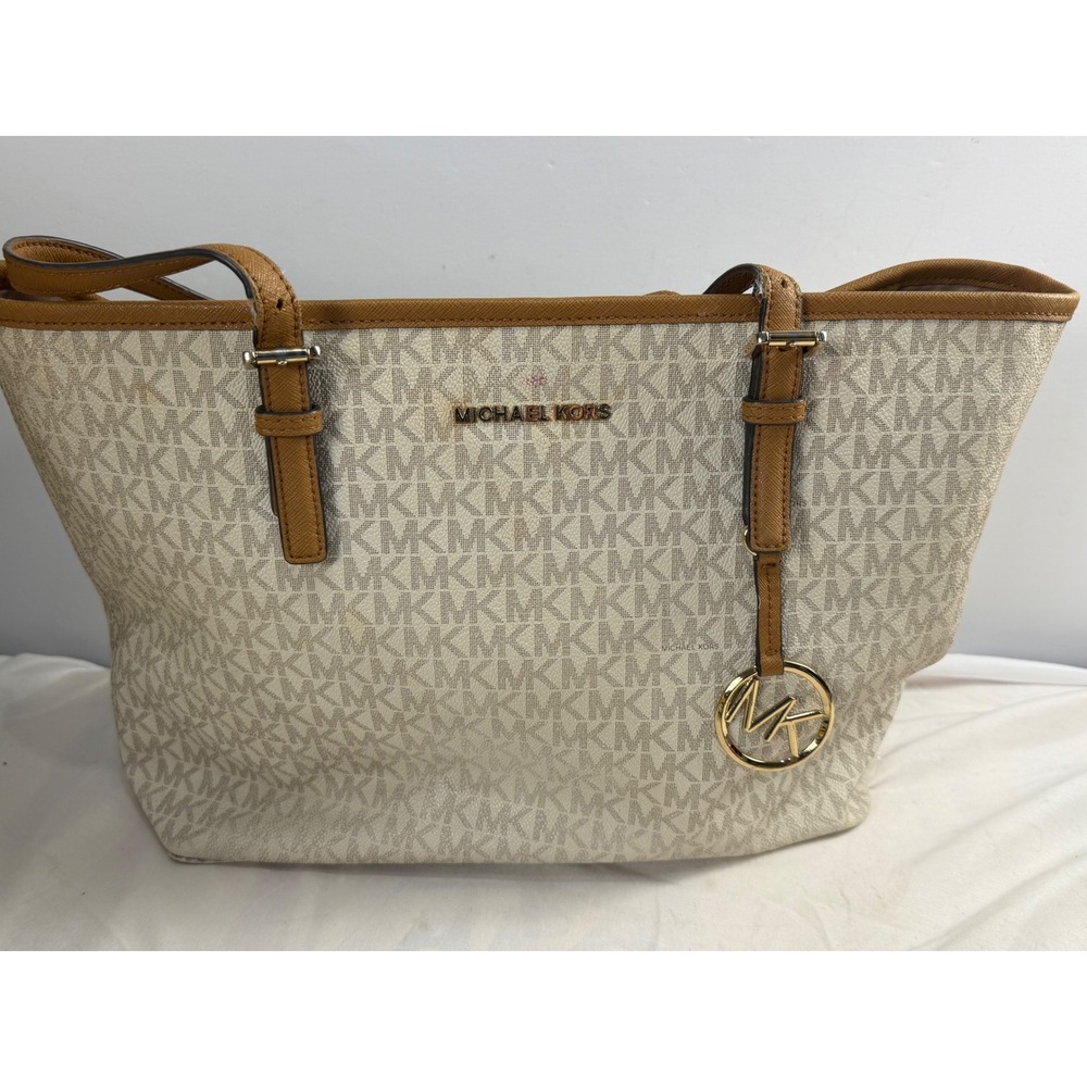 Michael Kors Jet Set Travel Tote Bag Monogram Cream Tan Gold Hardware Large